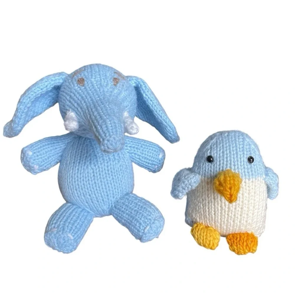 Handmade Elephant Penguin Knitted Blue Toys Small Stuffed Baby Animals Set of 2
